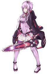  animal_hood chainsaw commentary_request dress female full_body hair_ornament headset holding hood hood_down hoodie leglus long_hair looking_to_the_side purple_dress purple_eyes purple_hair purple_thighhighs rabbit_hood ribbed_legwear solo strapless strapless_dress thighhighs tube_dress twintails vocaloid voiceroid white_background yuzuki_yukari 