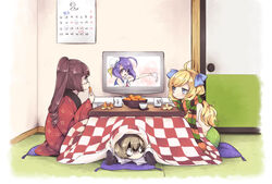  4girls :d ahoge black_eyes black_hairband blonde_hair blue_eyes blue_ribbon blush border bowl brown_eyes brown_hair calendar_(object) closed_mouth commentary_request constricted_pupils cup curly_hair cushion dotera_(clothes) eating fading_border food fruit gloom_(expression) gloves hair_ribbon hairband hanazono_yurine holding holding_food indoors jashin-chan jashin-chan_dropkick kotatsu lamia long_hair long_sleeves mandarin_orange medusa_(jashin-chan_dropkick) monster_girl mug multiple_girls naked_scarf official_art open_mouth orange_peel outstretched_arm pekora_(jashin-chan_dropkick) profile purple_hair ribbon sailor_collar scarf shaded_face shirt sitting sleeveless sleeveless_shirt sliding_doors smile striped_clothes striped_scarf table television white_gloves wide_sleeves yellow_eyes yukiwo 