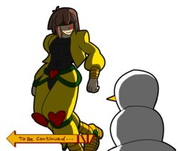  aday40 alpha_channel ambiguous_gender blush brown_hair chara_(undertale) clothing cosplay crossover duo hair heart_symbol human jojo&#039;s_bizarre_adventure male mammal meme not_furry red_eyes snowman standing to_be_continued_meme undertale undertale_(series) 