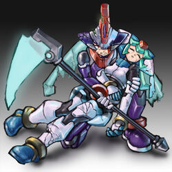  1boy android angry armor bad_id bad_pixiv_id blood broken_helmet brother_and_sister closed_eyes commentary_request drill_(emilio) energy_blade female full_body gradient_background helmet holding holding_person holding_weapon injury mega_man_(series) mega_man_zx mega_man_zx_advent model_w_(mega_man) one_eye_closed pandora_(mega_man) photoshop_(medium) prometheus_(mega_man) scythe serious siblings skull-shaped_hat unconscious weapon 