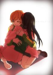  amagi_yukiko artist_request black_hair brown_hair chiyo_(min0yoko) evil_grin hairband hug japanese japanese_clothes kimono multiple_girls persona persona_4 satonaka_chie shadow_(persona) shadow_chie smile socks text translation_request yellow_eyes 