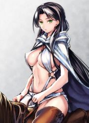  arslan_senki black_hair boots breasts brown_thighhighs cleavage cloak coffee_cat commentary_request dress earrings falangies female green_eyes halterneck hood hooded_cloak horse horseback_riding jewelry large_breasts long_hair navel no_bra parted_bangs perky_breasts revealing_clothes riding side_slit sidelocks sitting skirt sleeveless sleeveless_dress solo straddling strap_gap thigh_boots thighhighs white_dress 