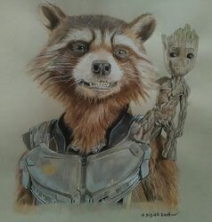  anthro armor better_version_at_source didier_plouviez disney fangs groot guardians_of_the_galaxy mammal marvel plant procyonid raccoon rocket_raccoon smile teeth 