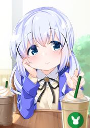  arm_support black_ribbon blue_eyes blue_hair blue_jacket blurry blurry_background blurry_foreground blush brown_sweater cacao_(chocolat) chair closed_mouth collared_shirt commentary_request cup depth_of_field disposable_cup drinking_straw female gochuumon_wa_usagi_desu_ka? hair_ornament hands_up head_tilt highres jacket kafuu_chino long_hair looking_at_viewer low_twintails neck_ribbon on_chair open_clothes open_jacket pov_across_table ribbon shirt sidelocks sitting solo sweater table twintails upper_body white_shirt x_hair_ornament 