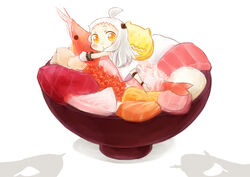  abyssal_ship ahoge bad_id bad_pixiv_id barefoot bowl chibi colored_skin dress female fish fish_(food) food hinata_yuu horns hugging_object ikura_(food) kantai_collection long_hair looking_back mittens northern_ocean_princess ominous_shadow pale_skin roe sashimi shrimp simple_background sleeveless sleeveless_dress solo white_background white_dress white_hair white_skin yellow_eyes 