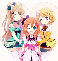  3girls ;d ^_^ aqua_dress aqua_eyes blunt_bangs brown_hair closed_eyes commentary_request dress earrings flower gloves hair_flower hair_ornament hair_ribbon hairpin heart jewelry kira-kira_sensation! koizumi_hanayo kokabu kosaka_honoka light_brown_hair long_hair looking_at_viewer love_live! love_live!_school_idol_project minami_kotori multiple_girls one_eye_closed one_side_up open_mouth orange_hair own_hands_together pink_dress printemps_(love_live!) purple_eyes ribbon short_hair smile thighhighs white_gloves white_legwear yellow_dress 