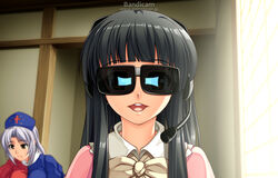  2girls bad_id bad_pixiv_id bandicam black_hair brown_eyes commentary_request grey_hair headphones headset houraisan_kaguya indoors ketsushi long_hair looking_at_viewer multiple_girls nurse open_mouth parody photoshop_(medium) real_life reflection see-through shirt smile sunglasses syamu_game touhou upper_body watermark web_address yagokoro_eirin 