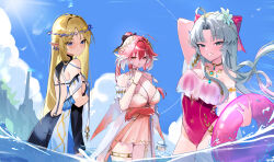  3girls absurdres ahoge arm_behind_head arm_under_breasts arm_up ass bare_shoulders black_bow black_collar black_dress blue_eyes blue_sky blush body_markings bow breasts carlotta_(splashing_summer)_(wuthering_waves) carlotta_(wuthering_waves) cartethyia_(wuthering_waves) casual_one-piece_swimsuit changli_(laurel_nymph)_(wuthering_waves) changli_(wuthering_waves) cleavage closed_mouth collar colored_extremities commentary_request crown_of_thorns day dress earrings finger_to_mouth flower frilled_one-piece_swimsuit frills grey_hair hair_between_eyes hair_extensions hair_flower hair_ornament hairbow hand_up head_wreath highleg highleg_one-piece_swimsuit highres hiromi_two holding holding_swim_ring jewelry large_breasts long_hair looking_at_viewer medium_breasts multicolored_hair multiple_girls off-shoulder_one-piece_swimsuit off_shoulder official_alternate_costume one-piece_swimsuit orange_eyes outdoors parted_bangs parted_lips phoebe_(wuthering_waves) pink_bow pink_dress pink_hair pink_one-piece_swimsuit pointy_ears red_hands remnant_cube_(wuthering_waves) ring_hair_extensions sidelocks sky smile striped_bow swim_ring swimsuit thighlet thighs two-tone_hair white_flower white_hair wuthering_waves 