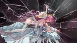  1boy absurdres breasts broken_glass detached_sleeves epic_seven female full_body genesis_ras_(epic_seven) glass grey_hair highres holding jewelry large_breasts long_hair pendant pink_hair rass_elclare red_eyes tenebria_(epic_seven) tinkst white_sleeves witch_of_the_mere_tenebria_(epic_seven) 