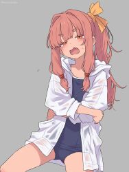  blush female highres kotonoha_akane oerba_yun_fang one-piece_swimsuit open_mouth orange_eyes pink_hair school_swimsuit see-through_clothes semicolonize skin_fang solo swimsuit swimsuit_under_clothes thighs voiceroid 