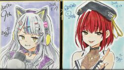  2girls :p animal_ear_headphones animal_ears beret black_gloves black_hat blush commentary_request dated fake_animal_ears fingerless_gloves gloves grey_hair grey_shirt hand_up hat headphones heterochromia highres hololive houshou_marine houshou_marine_(businesswoman) index_finger_raised jacket kiritoma long_hair long_sleeves multicolored_hair multiple_girls murasaki_shion murasaki_shion_(8th_costume) open_clothes open_jacket orange_eyes photo_(medium) puffy_long_sleeves puffy_sleeves purple_hair red_eyes red_hair shirt signature sleeveless sleeveless_shirt streaked_hair tongue tongue_out traditional_media translation_request two-tone_hair upper_body virtual_youtuber white_jacket white_shirt yellow_eyes 