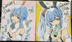  :3 animal_ear_fluff animal_ears banknote between_fingers black_gloves black_hairband black_leotard blue_hair bow braid breasts carrot_hair_ornament center_frills cleavage closed_mouth commentary_request dated detached_sleeves dollar_sign don-chan_(usada_pekora) dress fake_animal_ears female food-themed_hair_ornament frills fur-trimmed_gloves fur_trim gloves grin hair_ornament hairband hairbow highres holding holding_money hololive kiritoma leotard long_hair money multicolored_hair multiple_views photo_(medium) puffy_short_sleeves puffy_sleeves rabbit-shaped_pupils rabbit_ears red_eyes short_sleeves side_ponytail signature small_breasts smile strapless strapless_dress strapless_leotard symbol-shaped_pupils traditional_media translation_request twin_braids twintails two-tone_hair usada_pekora usada_pekora_(1st_costume) usada_pekora_(furi_furi_bunny_dress) very_long_hair virtual_youtuber white_bow white_dress white_hair white_sleeves 