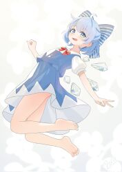  ahoge barefoot blue_dress blue_eyes blue_hair bow cirno dress female full_body hairbow happy highres ice ice_wings looking_at_viewer open_mouth puffy_short_sleeves puffy_sleeves red_bow ribbon short_hair short_sleeves smile solo touhou v wings wrainman 