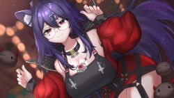  absurdres akuma_nihmune akuma_nihmune_(casual) animal_ear_fluff animal_ears artist_name black_collar black_dress breasts cat_ears cleavage closed_mouth collar collarbone dress facial_mark female ghee_art glasses hair_ornament heart heart_facial_mark highres indie_virtual_youtuber jacket jewelry large_breasts long_hair long_sleeves mole mole_under_eye necklace noomba_(akuma_nihmune) open_clothes open_jacket purple_hair red_jacket round_eyewear star_(symbol) star_hair_ornament virtual_youtuber zipper 