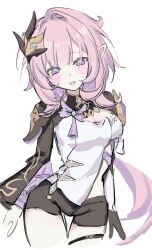  0n2ln black_shorts blue_eyes breasts cleavage corset cowboy_shot elf elysia_(honkai_impact) elysia_(miss_pink_elf)_(honkai_impact) female hair_ornament hashtag-only_commentary highres honkai_(series) honkai_impact_3rd large_breasts long_hair open_mouth pink_hair pointy_ears short_shorts shorts shrug_(clothing) simple_background smile solo thighs very_long_hair white_background white_corset 