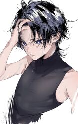  1boy 5656hayururi absurdres arm_at_side armpit_crease bishounen black_bodysuit black_hair bodysuit bright_pupils covered_collarbone cropped_torso genshin_impact grey_hair hand_on_own_head hand_up highres looking_down male_focus messy_hair multicolored_hair parted_bangs parted_lips purple_eyes scaramouche_(genshin_impact) solo streaked_hair sweat turtleneck turtleneck_bodysuit upper_body wanderer_(genshin_impact) wet white_background white_hair white_pupils 
