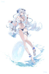 absurdres alternate_costume bag bare_legs bikini black_bikini black_choker breasts bronya_zaychik bronya_zaychik_(silverwing:_n-ex) choker criss-cross_halter cross cross_necklace eyewear_on_head female grey_eyes grey_hair halterneck highres holding holding_bag honkai_(series) honkai_impact_3rd innertube jewelry large_breasts legs long_hair mismatched_bikini missing_commentary navel necklace pmg sandals scrunchie simple_background smile solo stomach sunglasses swim_ring swimsuit very_long_hair white_background white_bikini wrist_scrunchie 