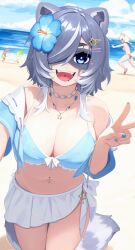  2girls absurdres ahoge animal_ears beach bikini bikini_bottom_only blush breasts chasing clothes_in_mouth clothes_theft embarrassed ferret ferret_ears ferret_girl ferret_tail gradient_fur gradient_hair green_fur green_hair grey_hair grey_tail highres indie_virtual_youtuber jacket jewelry laimu_(vtuber) large_breasts limon_(laimu) mascot midriff multicolored_fur multicolored_hair multiple_girls necklace open_clothes open_jacket raccoon_ears raccoon_girl raccoon_tail snuffy_(vtuber) star_(symbol) star_ornament swimsuit swimsuit_in_mouth swimsuit_theft tail theft thigh_gap thigh_strap thighs topless_female two-tone_fur two-tone_hair v vinesauce virtual_youtuber white_fur white_hair yoako 