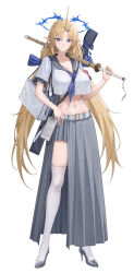  absurdres alternate_costume bag belt blonde_hair blue_eyes blue_neckerchief breasts cleavage clipboard closed_mouth collarbone commentary crop_top crop_top_overhang cropped_shirt crown_of_thorns cryturtle earrings female fleurdelys_(wuthering_waves) floating_earrings full_body grey_sailor_collar grey_shoes grey_skirt hair_ornament hairclip high_heels highres holding holding_sword holding_weapon horns jewelry large_breasts light_smile long_hair long_horns long_skirt looking_at_viewer midriff navel neckerchief over_shoulder parted_bangs pointy_ears pornography revision sailor_collar school_uniform serafuku shinai shirt shoes short_sleeves shoulder_bag sidelocks simple_background single_horn skirt solo standing sword sword_over_shoulder symbol-only_commentary tacet_mark_(wuthering_waves) thighhighs thighs very_long_hair weapon weapon_bag weapon_over_shoulder white_background white_belt white_shirt white_thighhighs wuthering_waves yellow_horns 