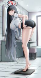  :o absurdres alternate_costume ass barefoot bent_over black_hair black_shorts blue_archive blush breasts commission dolphin_shorts female from_side full_body hair_ornament hairclip halo hanging_breasts highres huge_breasts indoors kuutamo leaning_forward long_hair looking_at_viewer looking_to_the_side open_mouth pixiv_commission red_eyes rio_(blue_archive) shirt short_shorts short_sleeves shorts solo standing t-shirt thighs weighing_scale white_shirt 