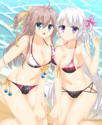  2girls :d ahoge alternate_costume alternate_hairstyle aqua_eyes ass_visible_through_thighs ayachi_nene bare_shoulders beach bikini black_bikini blush bobbles bow breast_press breasts brown_hair cameltoe cleavage closed_mouth collarbone colored_eyelashes commentary_request covered_nipples day eyes_visible_through_hair feet_out_of_frame front-tie_bikini_top front-tie_top fuyukichi_(nikoniko1567) grey_hair groin hair_between_eyes hair_ribbon hairbow halterneck hand_on_own_thigh hand_up happy highres kneeling large_breasts long_hair looking_at_viewer multi-strapped_bikini_bottom multicolored_bikini multiple_girls navel ocean one_side_up open_mouth outdoors pink_bow purple_eyes ribbon sanoba_witch shiiba_tsumugi side-by-side sidelocks skindentation smile sparkle stomach straight_hair swimsuit symmetrical_docking thigh_gap thighs two-tone_bikini v variant_set very_long_hair wet white_bikini yellow_bow yellow_ribbon 