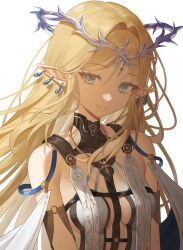  absurdres bare_shoulders black_collar blonde_hair blue_eyes breasts cartethyia_(wuthering_waves) closed_mouth collar commentary crown_of_thorns dalmo_(pafe2444) earrings female hair_intakes highres jewelry long_hair looking_at_viewer necklace parted_bangs pointy_ears sidelocks simple_background small_breasts smile solo tabard tacet_mark_(wuthering_waves) upper_body white_background white_tabard wuthering_waves 