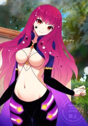  black_bridal_gauntlets black_leggings black_pants breasts bridal_gauntlets cape cleavage clothing_cutout crop_top facial_mark female fire_emblem fire_emblem_engage hair_ornament leggings long_hair looking_at_viewer medium_breasts midriff pants sage_outfit_(fire_emblem_engage) smile solo star_(symbol) star_facial_mark star_hair_ornament stomach_cutout sylphy_fe yunaka_(fire_emblem) 