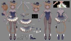  ahoge animal_ears blonde_hair bow bowtie breasts cleavage closed_mouth cropped_torso dooby_(vtuber) english_text female fishnet_pantyhose fishnets full_body gloves green_eyes grey_background hairband happy_(yppah1060) hat high_heels highres indie_virtual_youtuber leotard mini_hat mini_top_hat multiple_views pantyhose photo_inset short_hair simple_background skirt smile straight-on strapless strapless_leotard striped_clothes striped_leotard tail top_hat vertical-striped_clothes vertical-striped_leotard virtual_youtuber white_gloves 