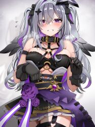  absurdres amane_kanata amane_kanata_(another_world) amane_kanata_(cosplay) amane_konata arm_strap bandeau bare_shoulders belt black_bandeau black_belt black_collar black_gloves black_hair black_halo black_ribbon black_skirt black_wings breasts breath chest_harness cleavage collar colored_inner_hair cosplay cowboy_shot feathered_wings female gloves gradient_wings grey_hair grin hair_over_one_eye hair_ribbon halo harness heart heart_o-ring high-waist_skirt highres hololive large_breasts layered_skirt long_hair looking_at_viewer micon mini_wings miniskirt multicolored_hair multicolored_wings o-ring o-ring_harness o-ring_thigh_strap o-ring_top overskirt purple_eyes purple_hair ribbon see-through_clothes see-through_skirt simple_background single_hair_intake skirt smile solo star_halo straight-on streaked_hair thigh_strap two_side_up virtual_youtuber white_background wings 