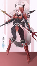  absurdres alternate_costume animal_ears arknights armor armored_boots artist_name boots chinese_commentary closed_mouth commentary_request diamond-shaped_pupils diamond_(shape) female frostleaf_(arknights) full_body grey_hair halftone highres hip_vent holding holding_polearm holding_weapon jiuyu_qame knee_boots mask medium_hair monster_hunter:_world monster_hunter_(series) monster_hunter_world:_iceborne one_eye_covered polearm red_boots red_eyes rope rope_belt shoulder_armor solo spear standing symbol-shaped_pupils vambraces weapon zoom_layer 