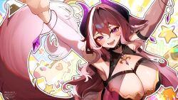  artist_name asymmetrical_sleeves black_collar black_horns blush breasts brown_hair cleavage collar commission detached_sleeves female fox_girl fox_tail gradient_horns hair_between_eyes highres horns indie_virtual_youtuber large_breasts long_hair mismatched_sleeves multicolored_horns open_mouth purple_eyes purple_horns qloomi_(vtuber) skeb_commission smile solo tail twitter_username virtual_youtuber weiic white_sleeves 