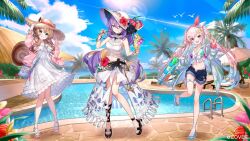  3girls airani_iofifteen airani_iofifteen_(holonatsu_paradise) animal_ears ayunda_risu ayunda_risu_(holonatsu_paradise) bag bead_bracelet beads bikini bikini_under_shorts black_collar blonde_hair blue_hair blue_sky bracelet breasts brown_hair closed_mouth cloud collar colored_inner_hair contrail criss-cross_halter cumulonimbus_cloud cup day denim denim_shorts dress eyewear_on_headwear fishnet_top fishnets flower food food_on_face foot_up frilled_bikini frilled_dress frilled_shirt_collar frills front-tie_bikini_top front-tie_top full_body gradient_eyes gradient_hair green_eyes green_nails grin hair_between_eyes hairband halter_shirt halterneck hand_up hat hat_flower highleg highleg_bikini holding holding_cup holding_spoon hololive hololive_indonesia holonatsu_paradise jacket jewelry kt._(kaisou-notagui) lens_flare long_hair long_sidelocks long_skirt looking_at_viewer medium_breasts midriff moona_hoshinova moona_hoshinova_(holonatsu_paradise) multicolored_eyes multicolored_hair multiple_girls nail_polish navel off_shoulder official_alternate_costume official_alternate_hairstyle official_art open_fly open_mouth outdoors paint_splatter palette_hair_ornament pearl_hair_ornament pendant_collar pink_hair pink_hairband pink_jacket pool pouch print_bikini purple_eyes purple_hair sandals shell_hair_ornament shirt shorts shoulder_bag side_slit sidelocks skirt sky sleeveless smile spoon squirrel_ears squirrel_girl squirrel_tail starfish_hair_ornament starry_hair straw_hat streaked_hair sun sun_hat sunglasses sunlight swimsuit tachi-e tail teeth thigh_pouch tongue tongue_out transparent_wings twintails two-tone_hair two-tone_hairband upper_teeth_only very_long_hair virtual_youtuber white_bikini white_dress white_hair white_hairband white_hat white_shirt white_skirt wide_brim yellow_eyes 