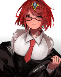  absurdres black_jacket blush breasts closed_mouth collared_shirt earrings female glasses headpiece highres jacket jewelry large_breasts looking_at_viewer necktie open_clothes open_jacket pyra_(xenoblade) red_eyes red_hair red_necktie shirt short_hair simple_background solo swept_bangs tarbo_(exxxpiation) tiara white_background white_shirt xenoblade_chronicles_(series) xenoblade_chronicles_2 