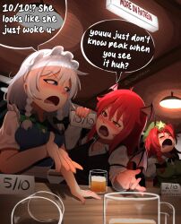  3girls absurdres alcohol beer beer_mug beret black_bow blue_eyes blush bow bowtie braid breasts ceiling_light closed_eyes cloudykeyz cup drunk english_commentary english_text green_bow hairbow hat head_wings highres hong_meiling izayoi_sakuya koakuma large_breasts long_hair long_sleeves maid maid_headdress mug multiple_girls open_mouth red_eyes red_hair short_hair short_sleeves sleeping speech_bubble star_(symbol) touhou twin_braids twitter_username upper_body watermark white_hair wings 