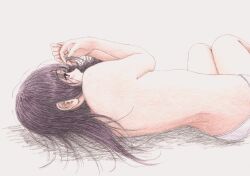  absurdres back bbmasa black_hair commentary female gradient_background grey_background hibike!_euphonium highres liz_to_aoi_tori long_hair lying on_side panties red_eyes solo topless_female traditional_media underwear white_panties yoroizuka_mizore 
