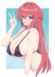  :d aqua_background bare_arms bikini black_bikini blue_nails blush border braid breasts cleavage collarbone commentary_request cropped_torso crossed_bangs earrings female gradient_background hair_between_eyes hair_intakes highres jewelry large_breasts long_hair looking_at_viewer noe_(noe_emk) open_mouth original red_hair sidelocks smile swimsuit upper_body v very_long_hair white_border 