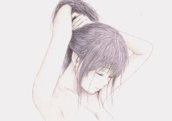 absurdres armpits arms_up bbmasa black_hair breasts closed_eyes closed_mouth collarbone commentary female gradient_background grey_background hair_lift hands_in_own_hair hibike!_euphonium highres holding holding_own_hair liz_to_aoi_tori long_hair nude profile red_eyes solo traditional_media upper_body yoroizuka_mizore 