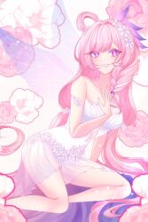  bare_shoulders breasts collarbone commentary diamond-shaped_pupils diamond_(shape) dress elf elysia_(herrscher_of_human:_ego)_(honkai_impact) elysia_(honkai_impact) english_commentary fairy_wings female floral_background flower hair_flower hair_ornament highres honkai_(series) honkai_impact_3rd illestfairys large_breasts long_hair official_alternate_costume pink_hair pointy_ears purple_eyes smile solo symbol-shaped_pupils thighs twitter_username very_long_hair white_dress wings 