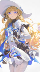  absurdres black_bow black_collar black_gloves blonde_hair blue_eyes blue_sash bow breasts closed_mouth collar commentary cowboy_shot female gloves hair_ornament hairbow hat highres holding holding_staff long_hair long_sleeves medium_breasts pantyhose phoebe_(wuthering_waves) sash shirt simple_background skirt smile solo staff striped_bow tacet_mark_(wuthering_waves) ttk_(kirinottk) very_long_hair white_background white_hat white_pantyhose white_shirt white_skirt wuthering_waves x_hair_ornament 
