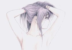  absurdres armpits arms_up bbmasa black_hair collarbone commentary female gradient_background grey_background hair_lift hands_in_own_hair hibike!_euphonium highres holding holding_own_hair liz_to_aoi_tori long_hair looking_to_the_side nude profile red_eyes solo traditional_media upper_body yoroizuka_mizore 