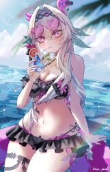  316_lp absurdres artist_name bikini black_bikini breasts cleavage cup drinking female food frilled_bikini frills fruit hair_intakes hashtag-only_commentary highres holding holding_cup honkai_(series) honkai_impact_3rd large_breasts long_hair navel ocean official_alternate_costume orange_(fruit) orange_slice purple_eyes purple_innertube solo stomach swimsuit thelema_nutriscu thighs tropical_drink white_hair 