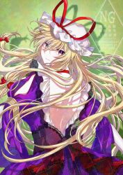  alto2019 back bare_back blonde_hair chinese_text choker commentary dress english_text female frills green_background hair_between_eyes hair_ribbon hat highres light_smile long_hair looking_at_viewer looking_back mob_cap purple_dress purple_eyes ribbon sample_watermark solo touhou traditional_media upper_body watermark watermark_grid yakumo_yukari 