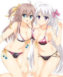  2girls :d ahoge alternate_costume alternate_hairstyle aqua_eyes ass_visible_through_thighs ayachi_nene bare_shoulders bikini black_bikini blush bobbles bow breast_press breasts brown_hair cameltoe cleavage closed_mouth collarbone colored_eyelashes commentary_request covered_nipples eyes_visible_through_hair feet_out_of_frame front-tie_bikini_top front-tie_top fuyukichi_(nikoniko1567) grey_hair groin hair_between_eyes hair_ribbon hairbow halterneck hand_on_own_thigh hand_up happy highres kneeling large_breasts long_hair looking_at_viewer multi-strapped_bikini_bottom multicolored_bikini multiple_girls navel one_side_up open_mouth pink_bow purple_eyes ribbon sanoba_witch shiiba_tsumugi side-by-side sidelocks simple_background skindentation smile stomach straight_hair swimsuit symmetrical_docking thigh_gap thighs two-tone_bikini v variant_set very_long_hair white_background white_bikini yellow_bow yellow_ribbon 