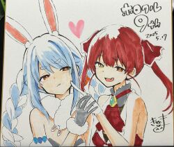  2girls animal_ear_fluff animal_ears bare_arms bare_shoulders blue_hair braid breasts cheek_poking dated detached_sleeves don-chan_(usada_pekora) fur-trimmed_gloves fur_trim gloves grey_gloves hair_between_eyes hair_ribbon heart heterochromia highres hololive houshou_marine houshou_marine_(1st_costume) jacket kiritoma medium_breasts multicolored_hair multiple_girls photo_(medium) poking puffy_short_sleeves puffy_sleeves rabbit_ears red_eyes red_hair red_jacket red_ribbon ribbon short_eyebrows short_sleeves signature sleeveless sleeveless_jacket thick_eyebrows traditional_media translation_request twin_braids twintails two-tone_hair usada_pekora usada_pekora_(1st_costume) v-shaped_eyebrows virtual_youtuber white_gloves white_hair white_sleeves yellow_eyes 