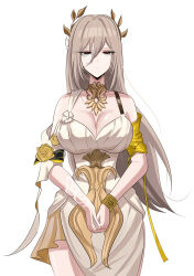  absurdres aglaea_(honkai:_star_rail) aglaea_(honkai:_star_rail)_(cosplay) ancient_greek_clothes aponia blonde_hair breasts cleavage commentary cosplay english_commentary female greco-roman_clothes grey_eyes half-closed_eyes highres honkai:_star_rail honkai_(series) honkai_impact_3rd large_breasts laurel_crown long_hair simple_background solo waist_(chem5772) white_background 
