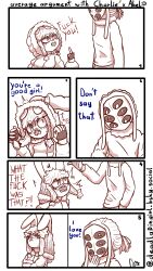  absurd_res angry anthro arthropod beetle blush clothing coat dialogue eye_injury female headpat hi_res hood hoodie insects lagomorph leporid male mammal manyanz mask multi_eye petting piercing rabbit topwear zero_pictured 