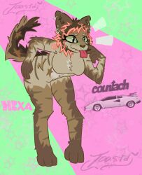  anthro bent_over big_breasts breasts female fluffy fluffy_chest fur fur_markings hair hand_on_hip hexa_(toastd) hi_res humanoid hyena lamborghini_countach mammal markings piercing pink_hair raised_tail solo sound_effects tail thick_thighs toastd tongue tongue_out wide_hips 