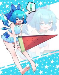 ! bikini blue_background blue_bikini blue_nails cirno commentary detached_wings female food highres holding ice ice_wings nail_polish polka_dot polka_dot_background popsicle solo spoken_exclamation_mark star_(symbol) star_symbol_background swimsuit toenail_polish toenails touhou two-tone_background watermelon_bar white_background wings you_(noanoamoemoe) 