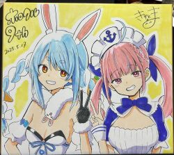  2girls ahoge animal_ear_fluff animal_ears bare_shoulders black_gloves black_leotard blue_dress blue_hair blue_ribbon blush bow braid breasts carrot_hair_ornament cleavage dated detached_sleeves don-chan_(usada_pekora) dress food-themed_hair_ornament fur-trimmed_gloves fur_trim gloves grin hair_between_eyes hair_ornament hair_ribbon hairbow hand_up highres hololive kiritoma leotard maid_headdress minato_aqua minato_aqua_(1st_costume) multicolored_hair multiple_girls photo_(medium) puffy_short_sleeves puffy_sleeves purple_eyes rabbit-shaped_pupils rabbit_ears red_eyes ribbon short_eyebrows short_sleeves signature small_breasts smile strapless strapless_dress strapless_leotard symbol-shaped_pupils thick_eyebrows traditional_media translation_request twin_braids twintails two-tone_hair upper_body usada_pekora usada_pekora_(1st_costume) v virtual_youtuber white_bow white_dress white_hair white_sleeves 