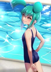  aqua_hair ass black_sclera breasts colored_sclera dark_persona female grin highres looking_at_viewer luca_(yu-gi-oh!) muto_dt petite pool poolside school_swimsuit small_breasts smile solo swimsuit trading_card twintails yellow_eyes yu-gi-oh! yu-gi-oh!_5d&#039;s 